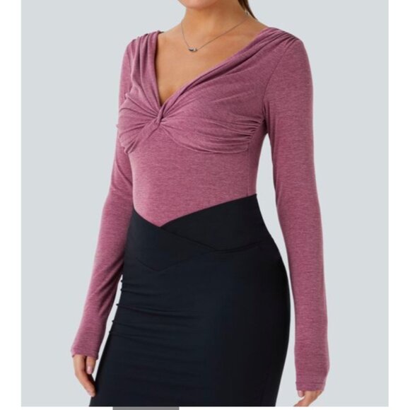 Halara Twisted V Neck Long Sleeve Ruched Skinny Work Top Sz Large Pink Womens - Picture 1 of 12